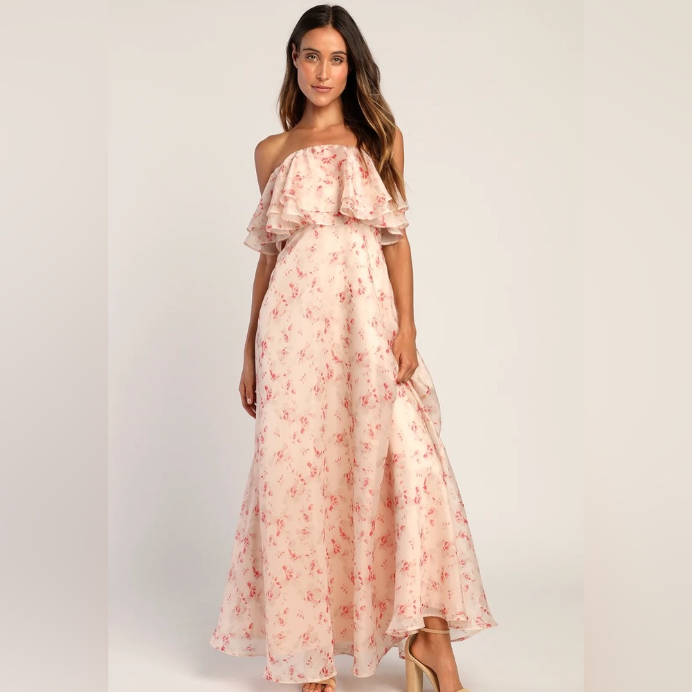 Lulu's -  Pink Floral Print Organza Maxi Dress - Large